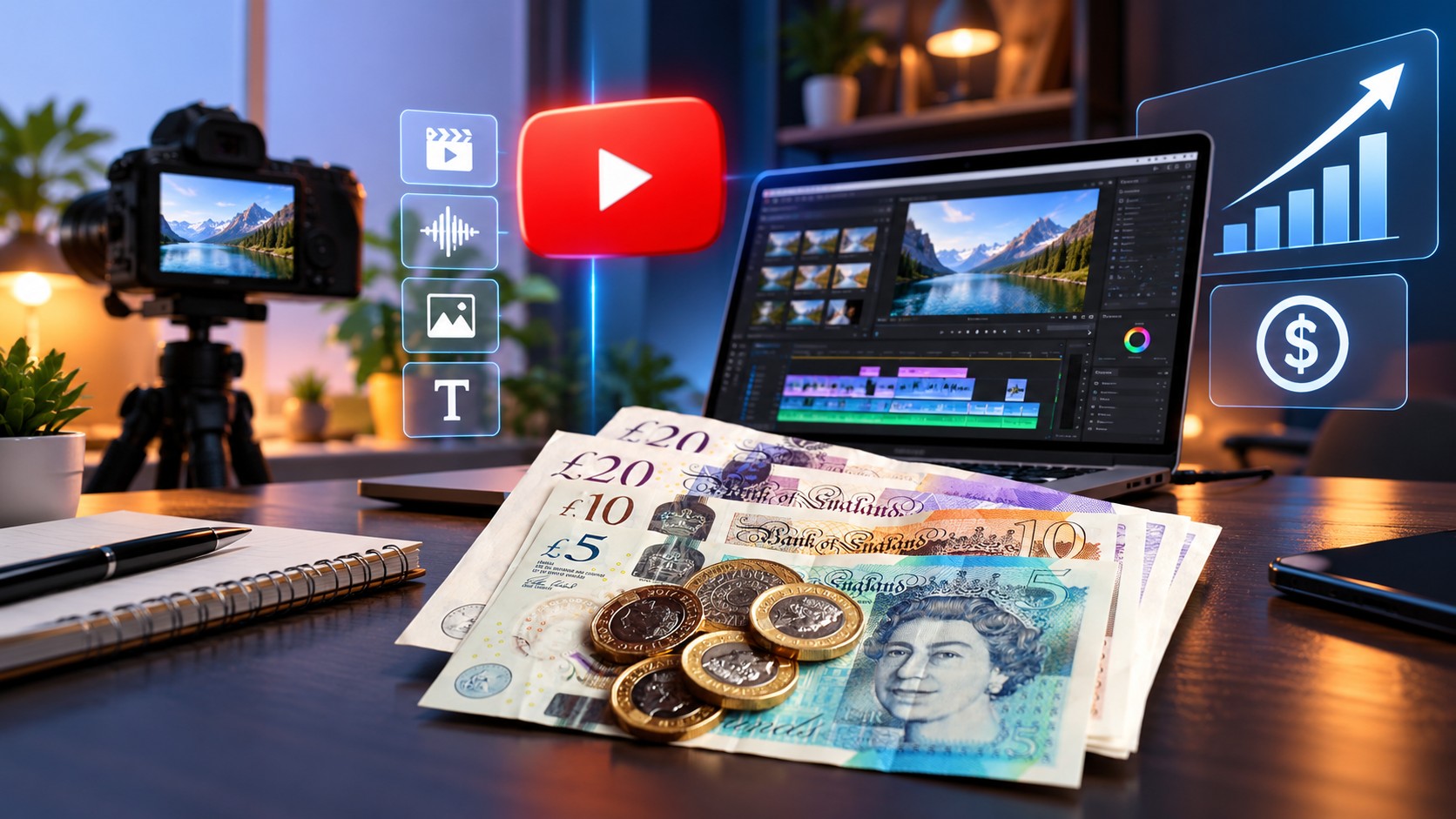 A laptop editing an AI-generated video beside a YouTube revenue graph, with labels for ad revenue, affiliate income, sponsorships and client projects, and UK banknotes.